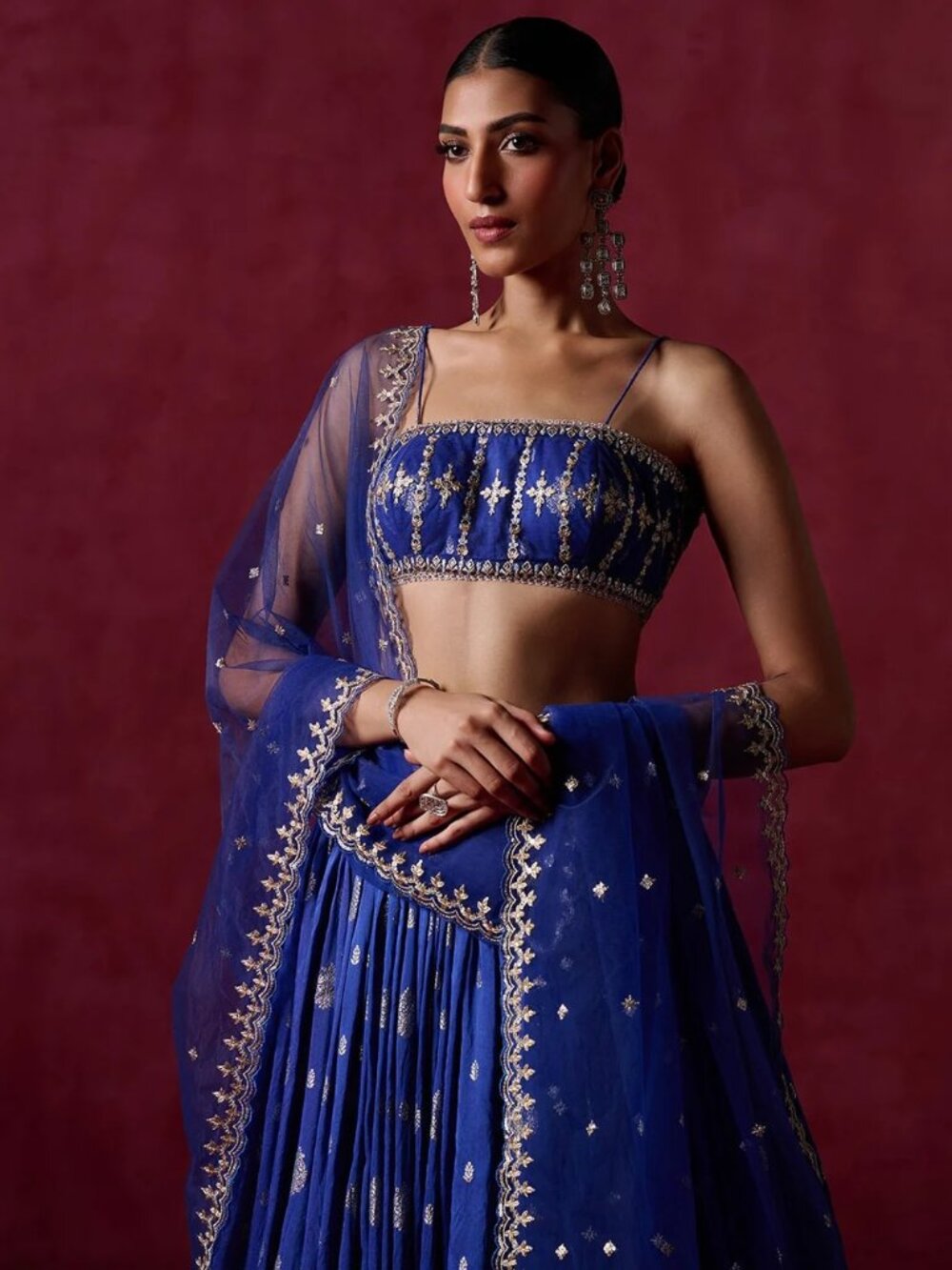 Lashkaraa Royal Blue Embroidered Brocade Lehenga - Picture 3 of 7
